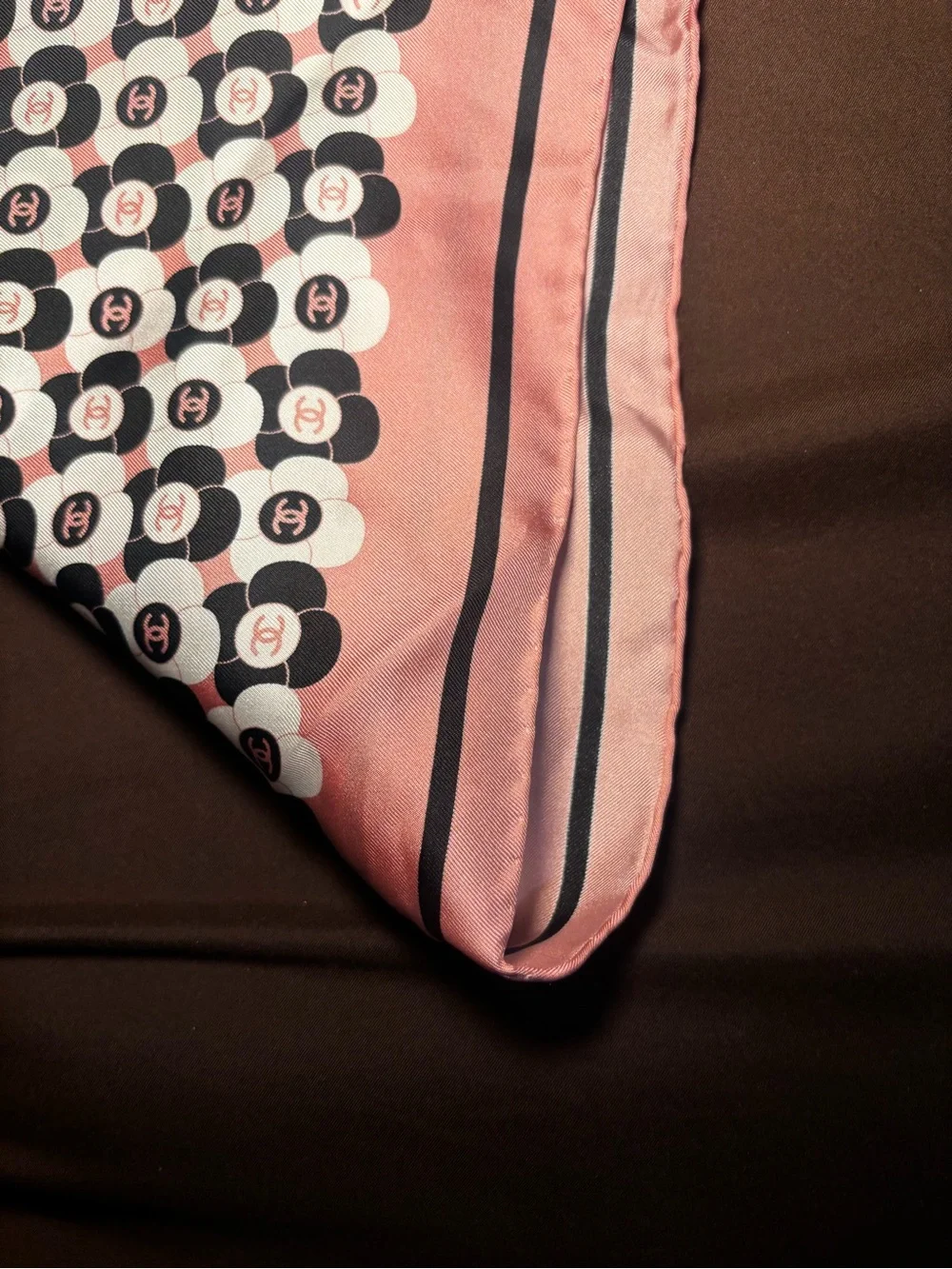 Chanel Pink & Black Logo Silk Scarf